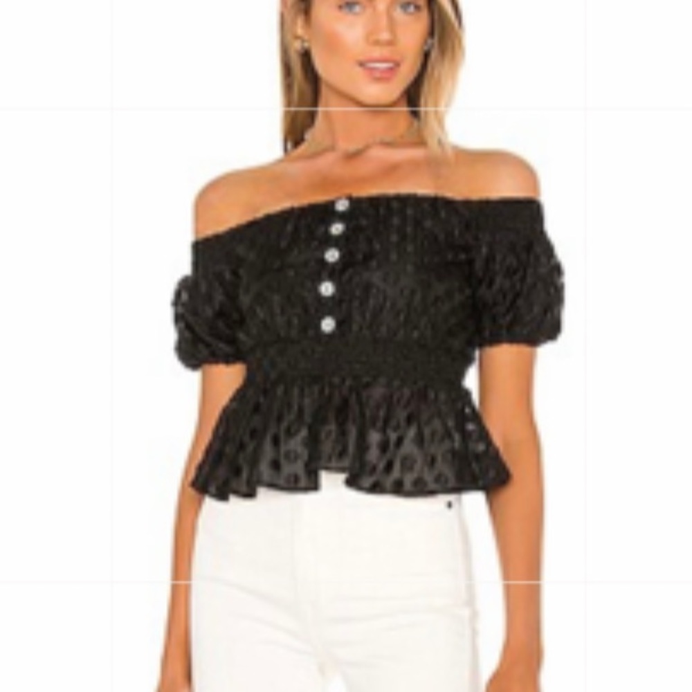 NWOT MAJORELLE x Revolve | Black Jaquard Peplum off shoulder top blouse sz Small